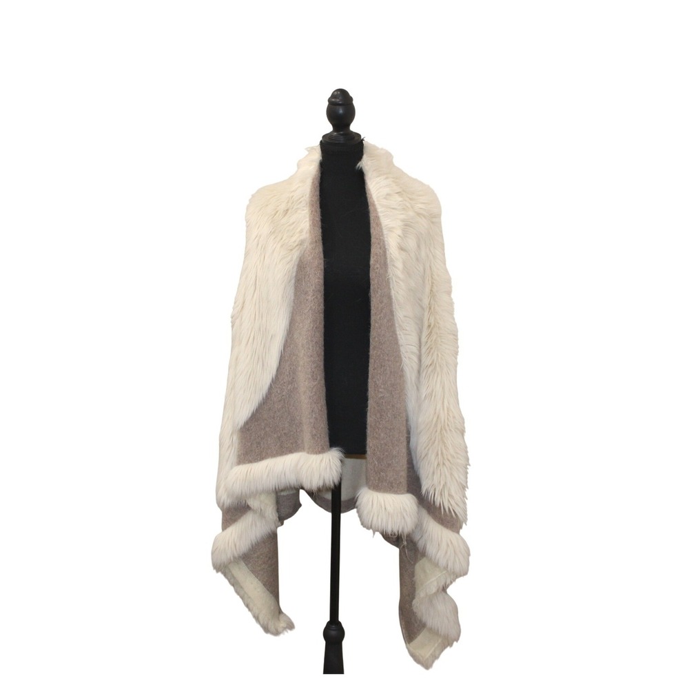 Faux Fur Trim Knit Vest Womens One Size Taupe Cream Good Open Front
